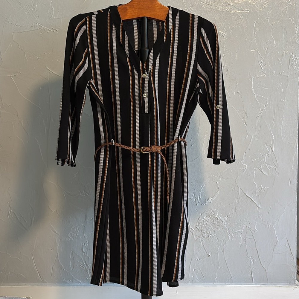 rue21 3/4 Sleeve Dress Medium Black with Brown White Vertical Stripes Boho